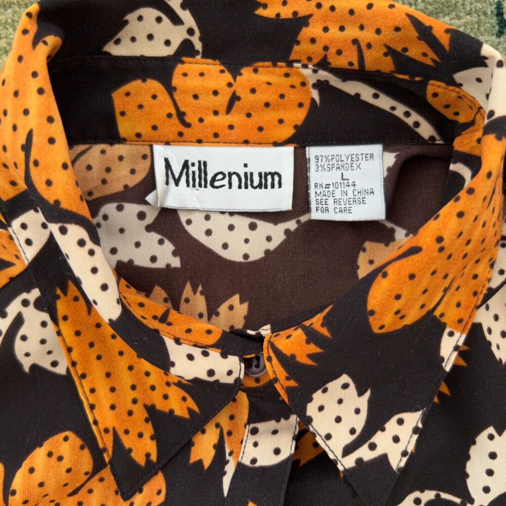 Vintage Mod Flower Blouse Women's Large Orange Brown Retro Daisey By Millenium - Picture 2 of 8